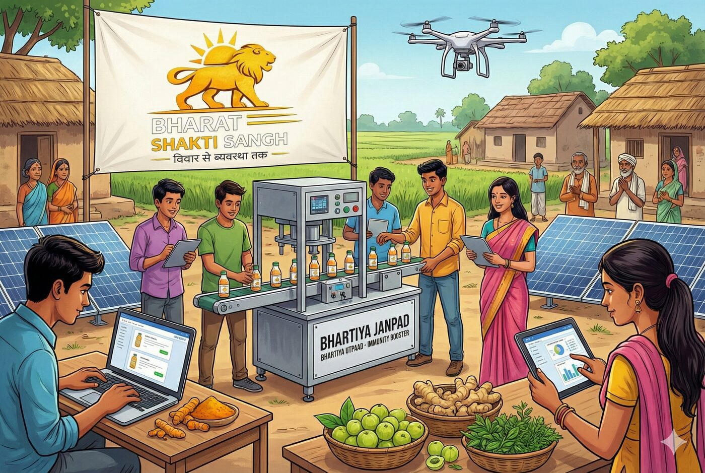 भारतीय जनपद भारतीय उत्पाद — इम्युनिटी बूस्टर बॉटलिंग इकाई, सोलर पैनल, ड्रोन और स्थानीय कच्चा माल