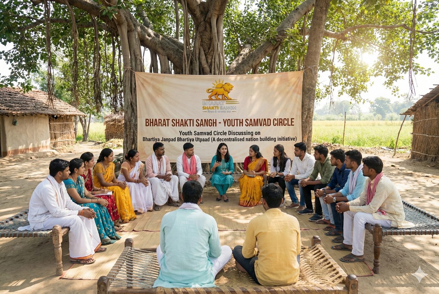 Bharat Shakti Sangh Youth Samvad Circle — भारतीय जनपद भारतीय उत्पाद पर चर्चा करते युवा, बरगद के पेड़ के नीचे